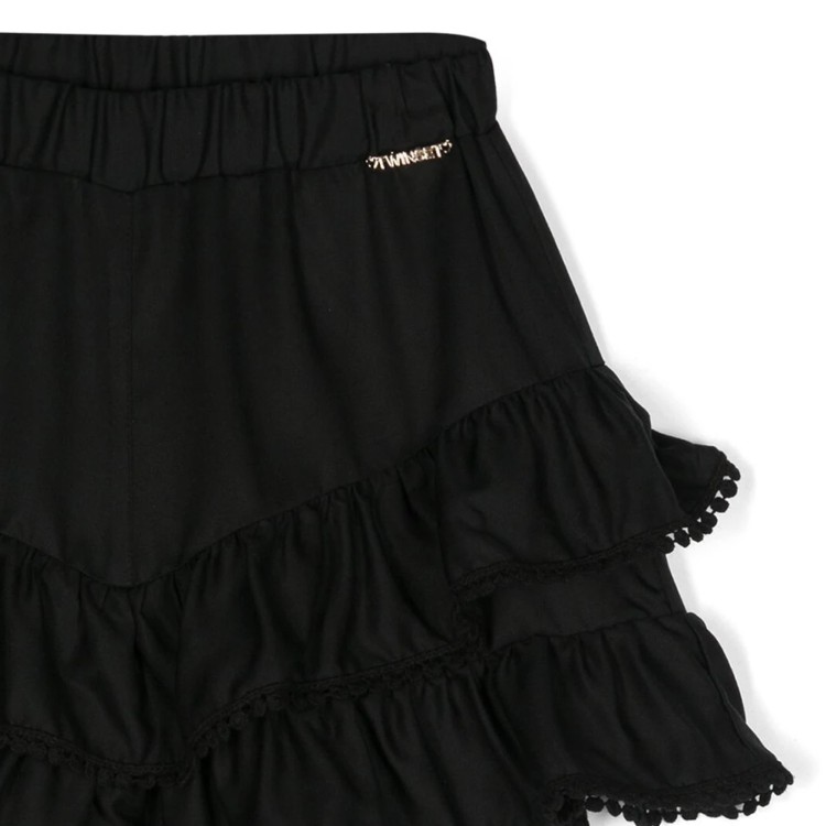 TWIN-SET Shorts in tessuto tencel doppia balza nero bambina