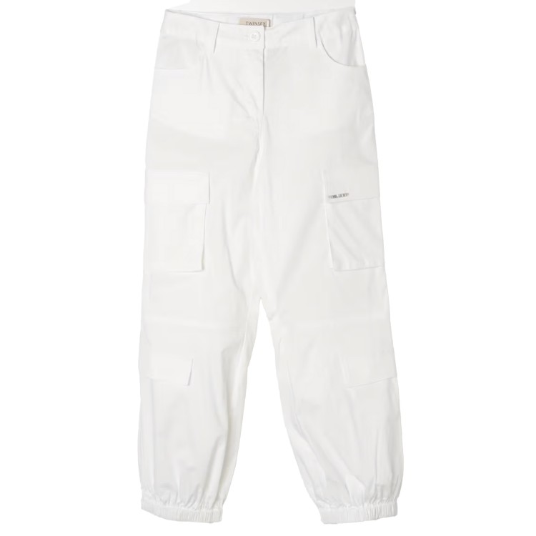 TWIN-SET Pantaloni cargo in popeline stretch bianco bambina