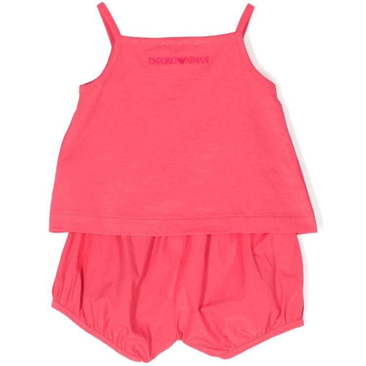 EMPORIO ARMANI Completo top e shorts in jersey con ricamo logo rosso rubino neonata