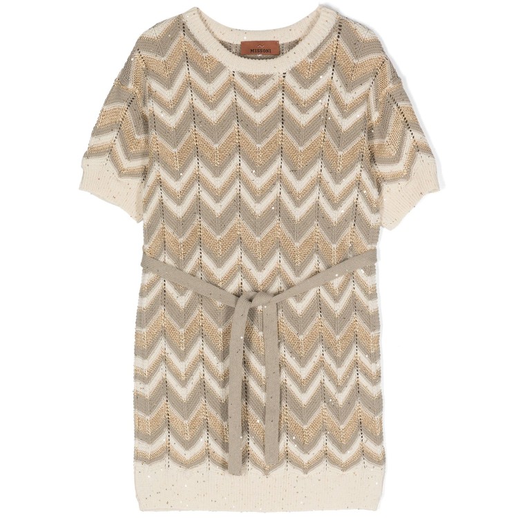 MISSONI Abito maglia cotone corto con cintura beige bambina