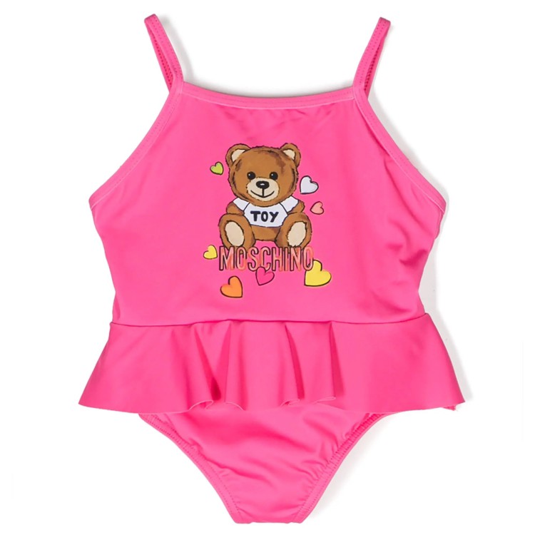 MOSCHINO Costume intero con motivo Teddy Bear fucsia neonata