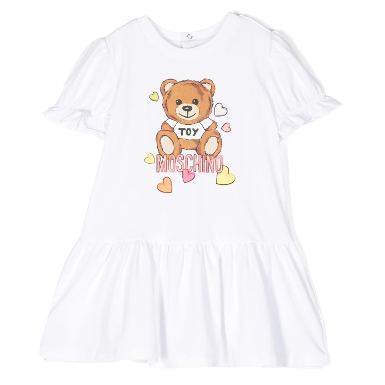 MOSCHINO Abito cotone manica corta Teddy Bear con stampa bianco neonata