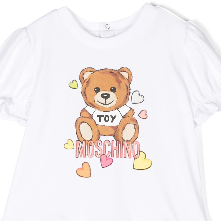 MOSCHINO Abito cotone manica corta Teddy Bear con stampa bianco neonata