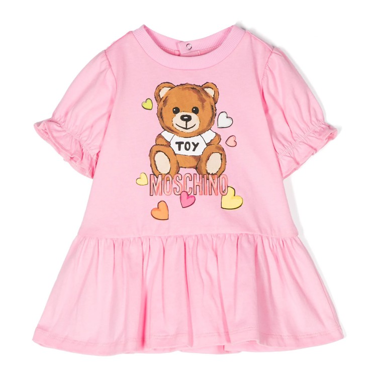 MOSCHINO Abito cotone manica corta Teddy Bear con stampa rosa neonata