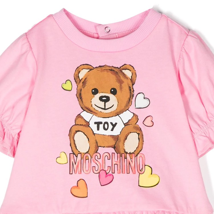 MOSCHINO Abito cotone manica corta Teddy Bear con stampa rosa neonata