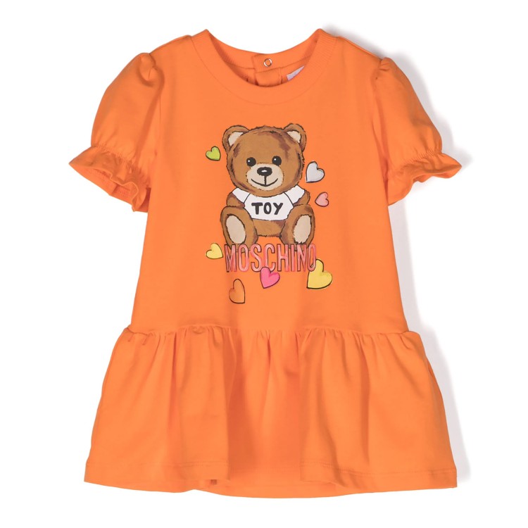 MOSCHINO Abito cotone manica corta Teddy Bear con stampa arancione neonata