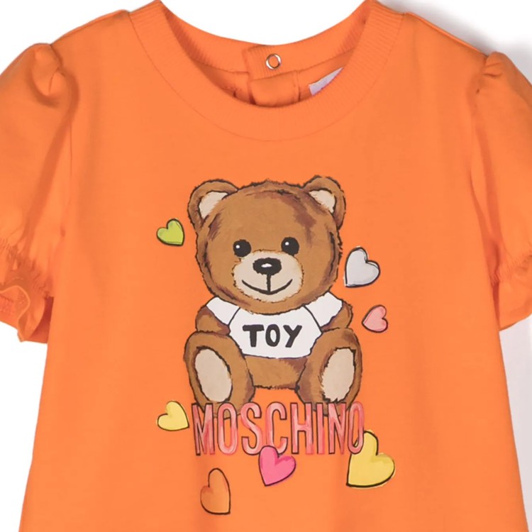 MOSCHINO Abito cotone manica corta Teddy Bear con stampa arancione neonata