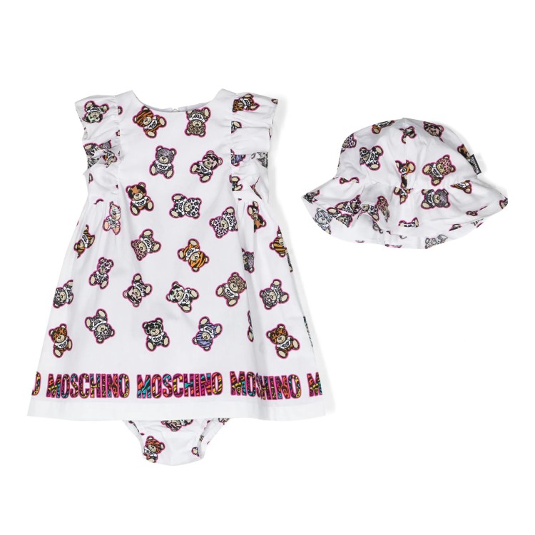 MOSCHINO Abito con stampa Teddy Bear bianco/multicolore cotone neonata