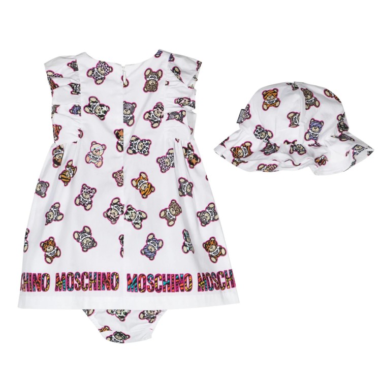 MOSCHINO Abito con stampa Teddy Bear bianco/multicolore cotone neonata