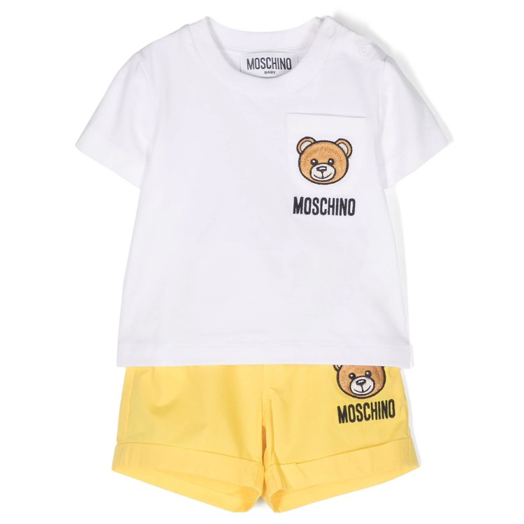 MOSCHINO Set top e shorts denim con applicazione bianco giallo neonato