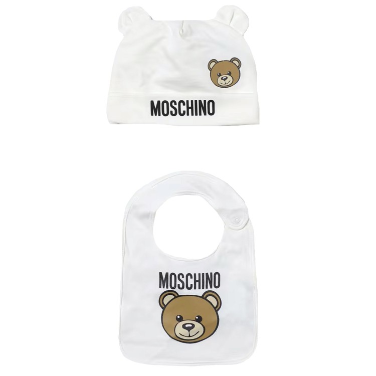 MOSCHINO Set berretto con motivo Teddy Bear bianco neonato