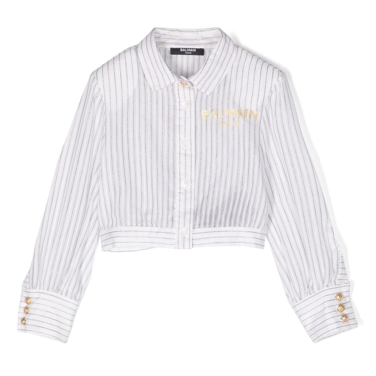 BALMAIN Camicia a righe  bianca oro con stampa bambina