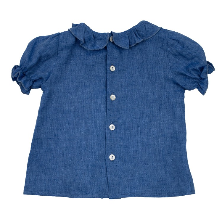 LITTLE BEAR Camicia in lino con rouches azzurra neonata