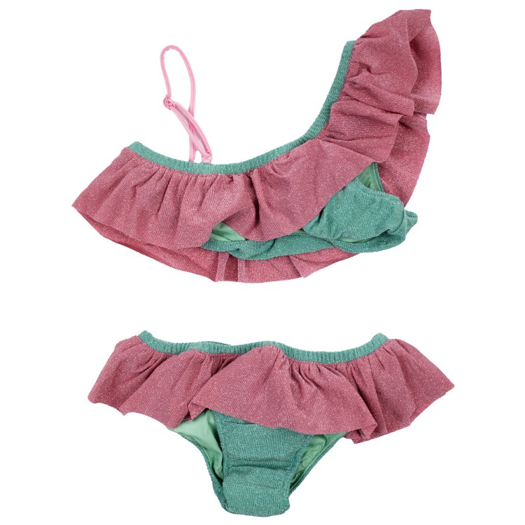 SAINT BARTH Bikini da bambina monospalla azzurro rosa  in lurex con balze