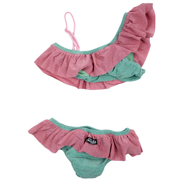 SAINT BARTH Bikini da bambina monospalla azzurro rosa  in lurex con balze