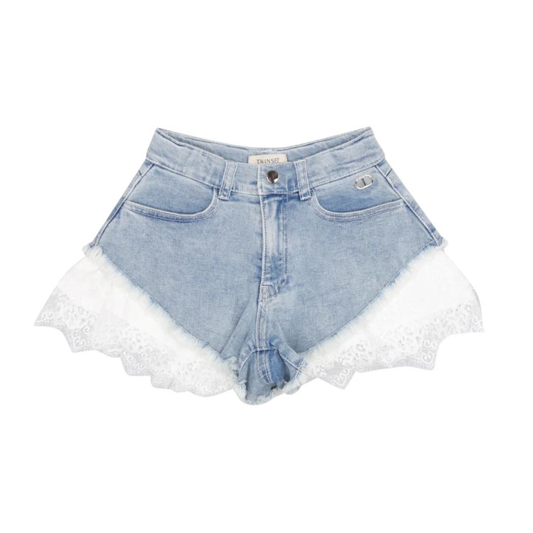 TWIN-SET Shorts Twinset in denim con pizzo applicato per bambina