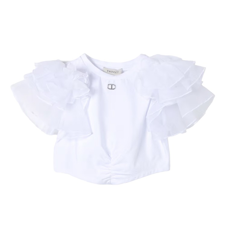 TWIN-SET T-shirt in jersey  bianca di cotone stretch con maniche per bambina