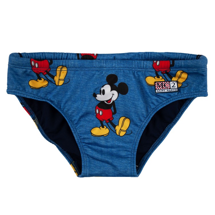 SAINT BARTH Slip in licra  bluette con stampa Mickey bambino