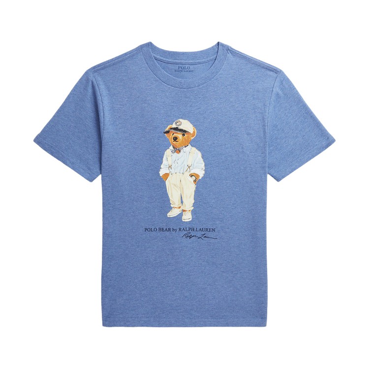 RALPH LAUREN T-shirt in cotone blu melange con stampa bear per bambino