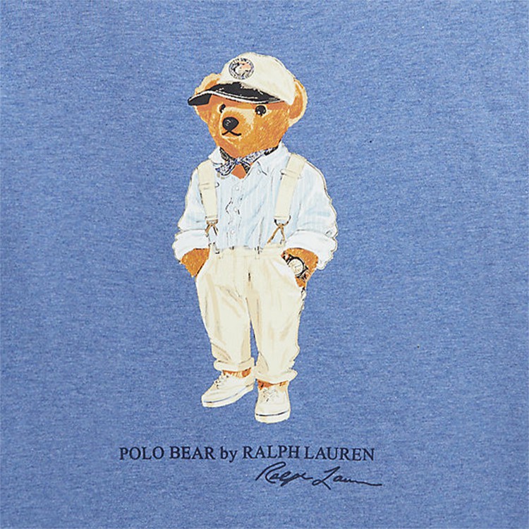 RALPH LAUREN T-shirt in cotone blu melange con stampa bear per bambino