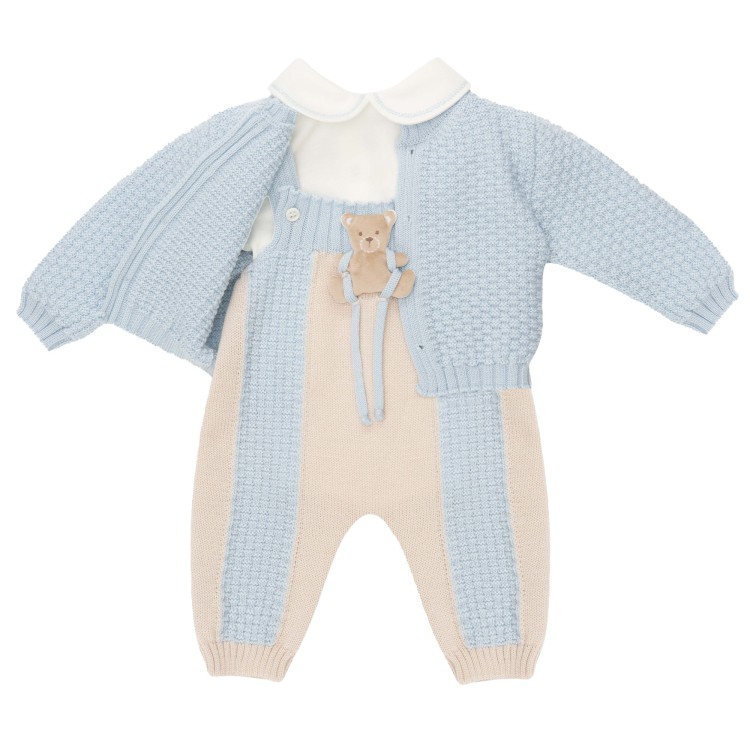 MARLU' Tutina 3 pezzi in lana naturale celeste neonato