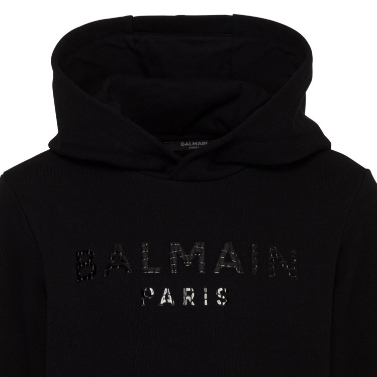 BALMAIN Felpa con cappuccio stampa logo vernice nero per bambino