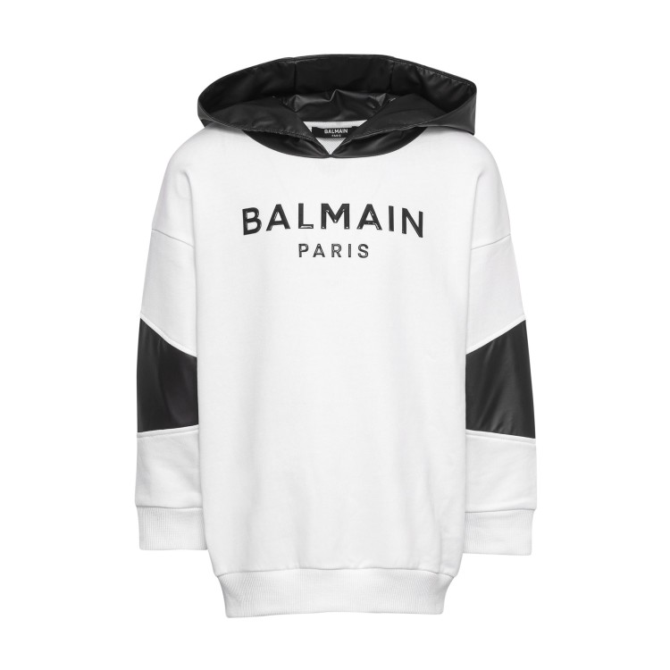 BALMAIN Felpa bianca con cappuccio nero per bambino