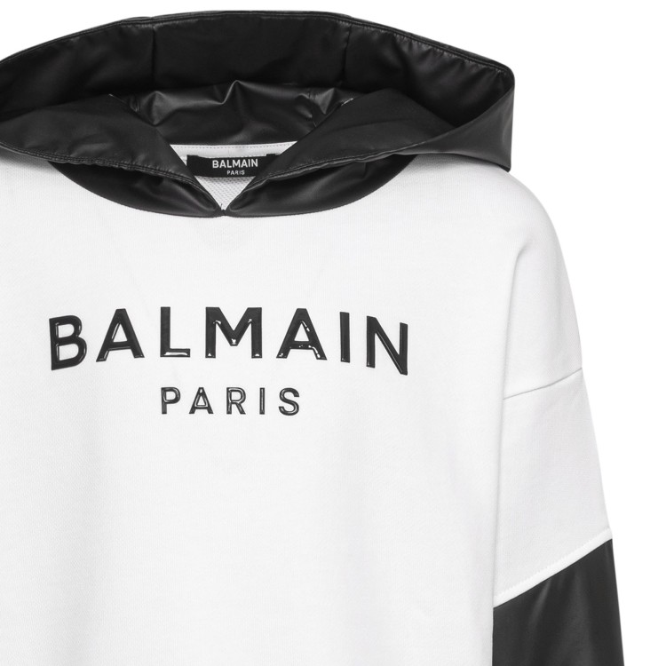 BALMAIN Felpa bianca con cappuccio nero per bambino