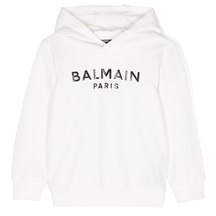 BALMAIN Felpa cappuccio bianca con logo gommato nero per bambino