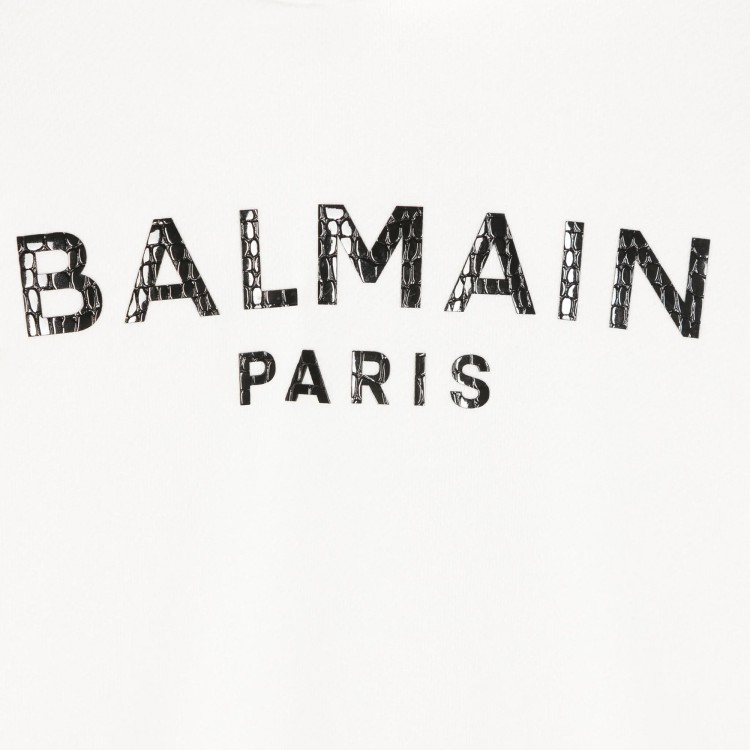 BALMAIN Felpa cappuccio bianca con logo gommato nero per bambino