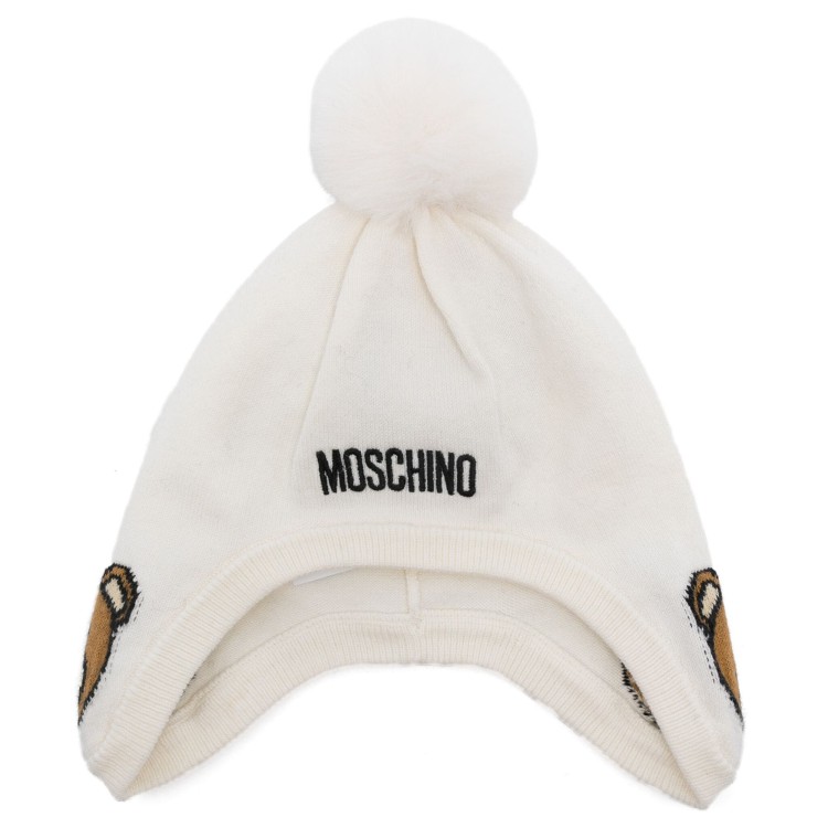 MOSCHINO Berretto bianco con pompon neonata