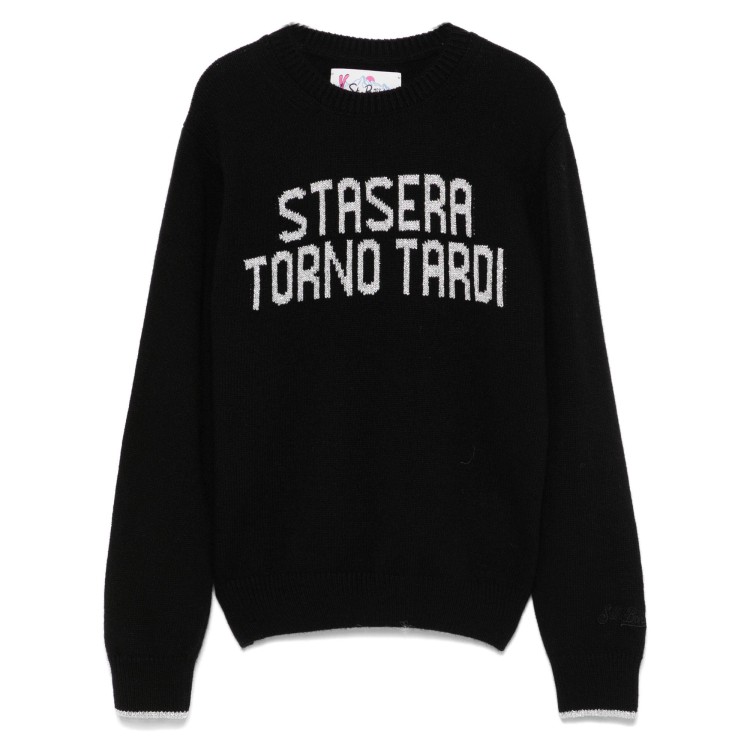 SAINT BARTH Maglione nero con frase in lurex bambina