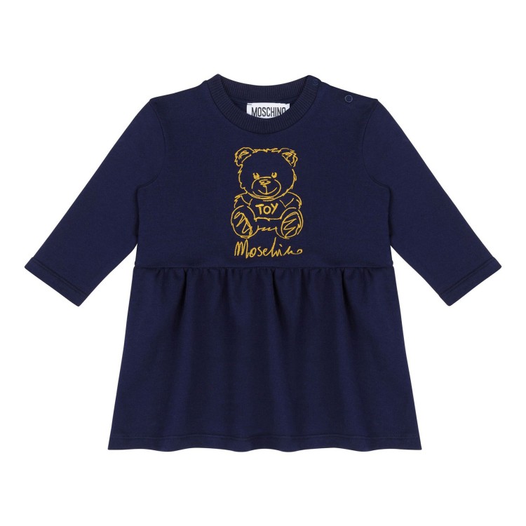 MOSCHINO Abito blu svasato con ricamo Teddy Bear neonata