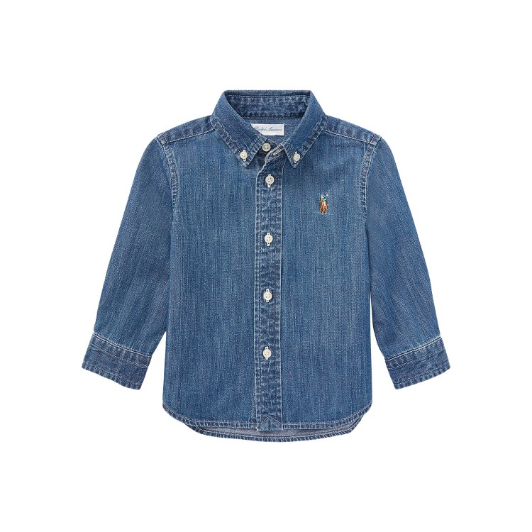 RALPH LAUREN Camicia in denim blu con ricamo neonato