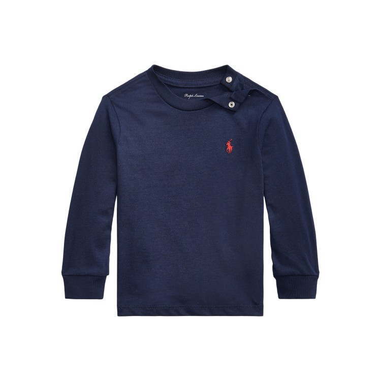 RALPH LAUREN T-shirt blu a manica lunga con ricamo neonati