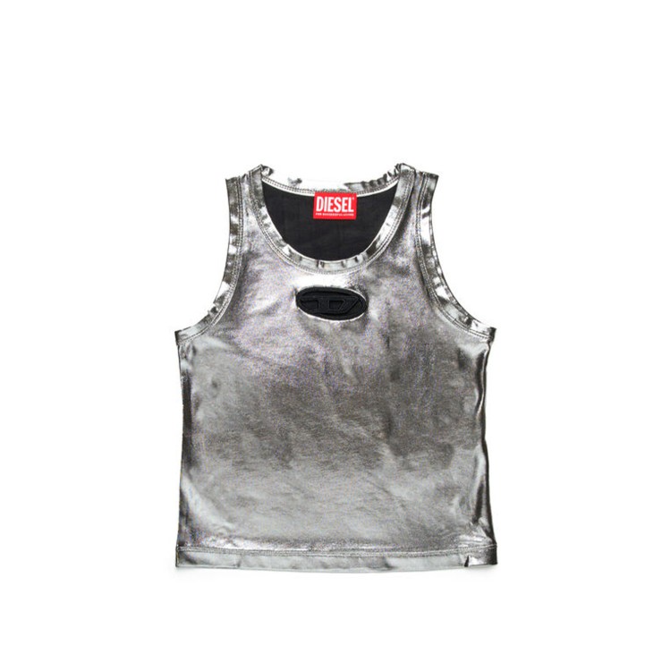 DIESEL Top argento metallizzato con logo Oval D bambina