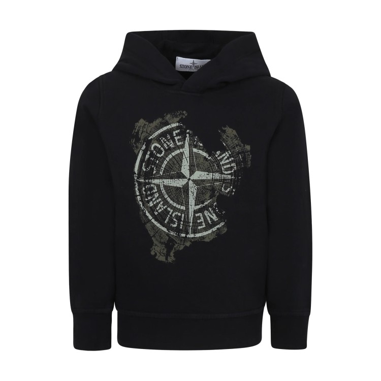 STONE ISLAND Felpa nera con cappuccio e stampa bambini