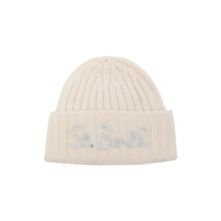 SAINT BARTH Cappello avorio con logo lurex bambina