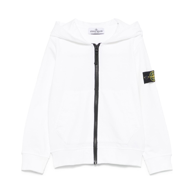 STONE ISLAND Felpa bianca full-zip con cappuccio Compass bambini