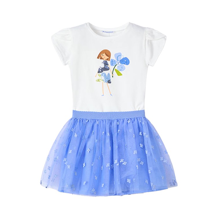 MAYORAL Set bianco e blu t-shirt e gonna bambina