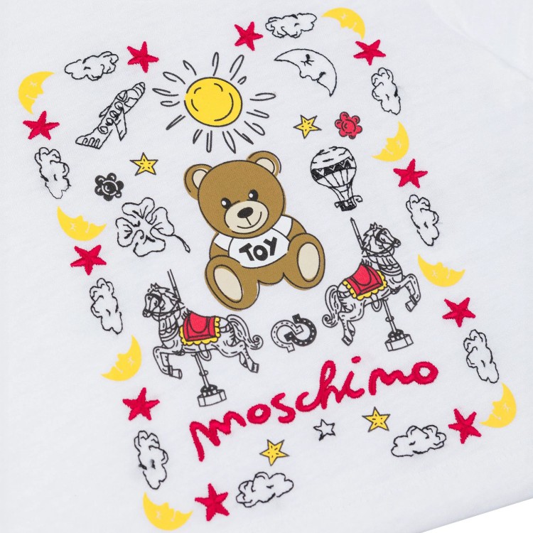 MOSCHINO T-shirt bianca con ricami multicolor e Teddy neonata