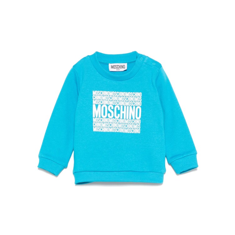 MOSCHINO Felpa azzurra girocollo con stampa logo neonato