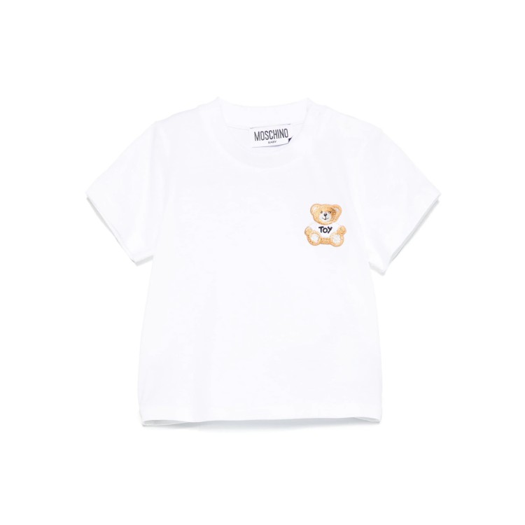 MOSCHINO T-shirt bianca con Teddy ricamato neonati