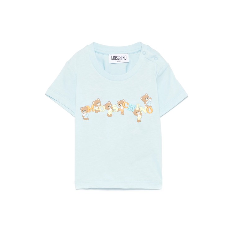 MOSCHINO T-shirt celeste con stampa Teddy logo neonati