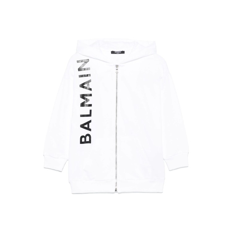 BALMAIN Felpa bianca full-zip con cappuccio e logo bambini