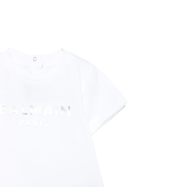 BALMAIN T-shirt bianca con logo argentato neonati