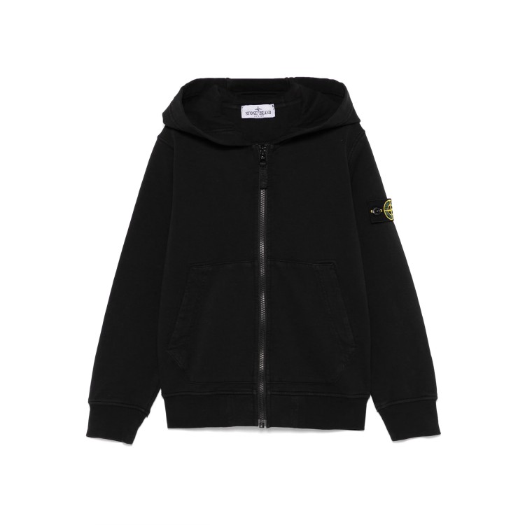 STONE ISLAND Felpa nera full-zip con cappuccio Compass bambini