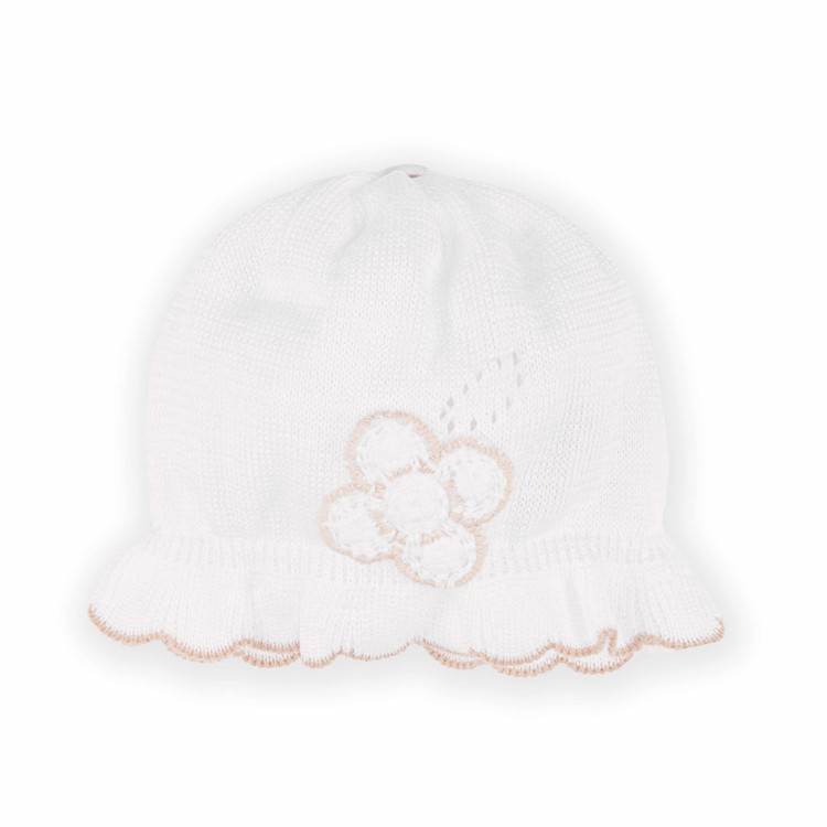 MARLU' Cappellino bianco con dettagli beige neonata