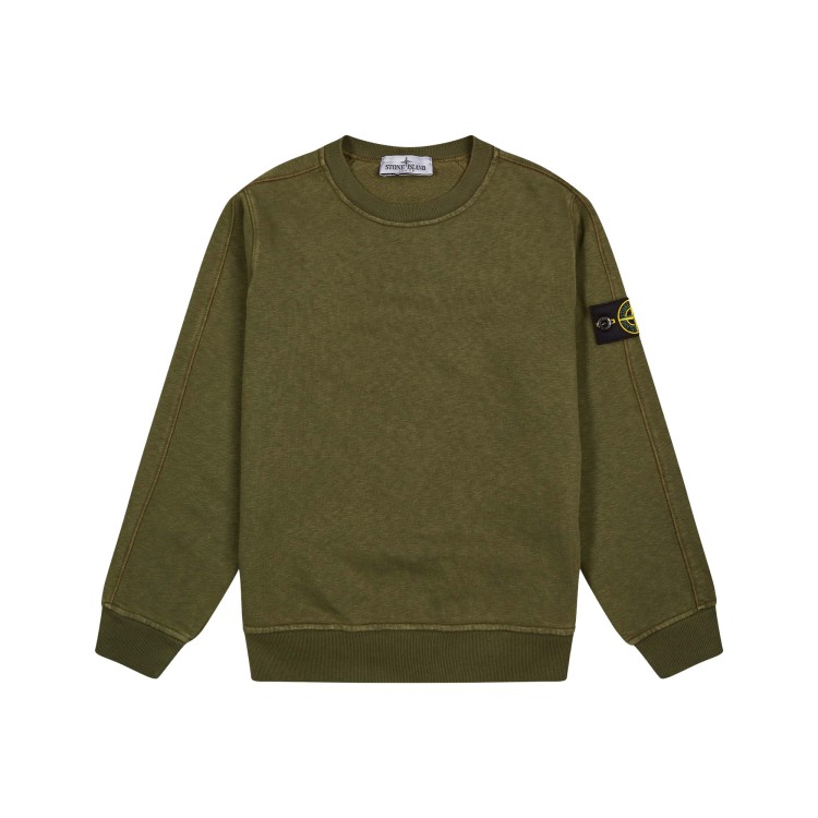 STONE ISLAND Felpa verde girocollo con applicazione Compass bambini