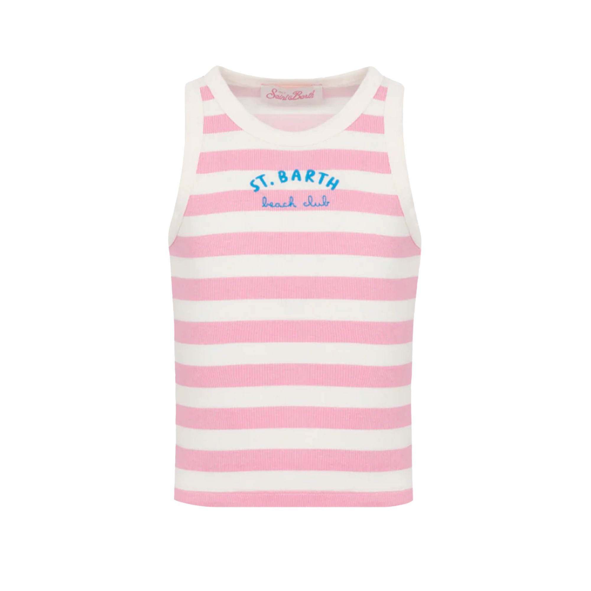 SAINT BARTH Canotta a righe rosa con logo ricamato bambina